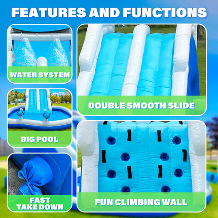 Blue & White Water Slide with Dual Sliding Lanes, Large Splash Pool, and Fun Water Cannon - Ultimate Outdoor Summer Water Slide