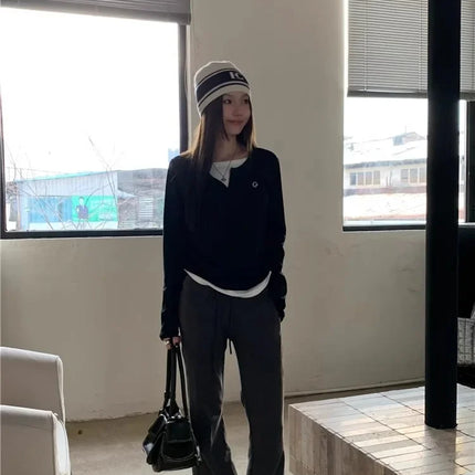 2024 Autumn Winter Long Sleeves Korean Fashion Style O-neck T-shirt For Women Fake Two-Piece T-shirts Ladies Top Tee Clothes