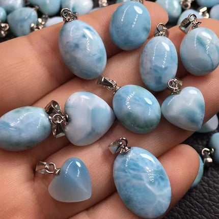 1 Pc Fengbaowu Natural Stone Dominican Republic Larimar Heart Oval Cabochon Pendant 925 Sterling Silver Jewelry Gift For Women