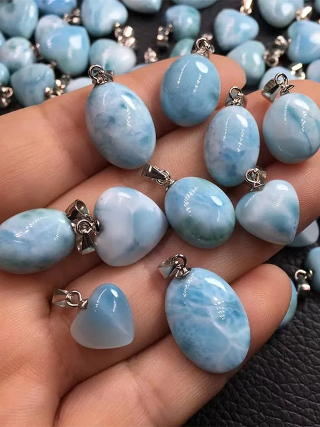 1 Pc Fengbaowu Natural Stone Dominican Republic Larimar Heart Oval Cabochon Pendant 925 Sterling Silver Jewelry Gift For Women