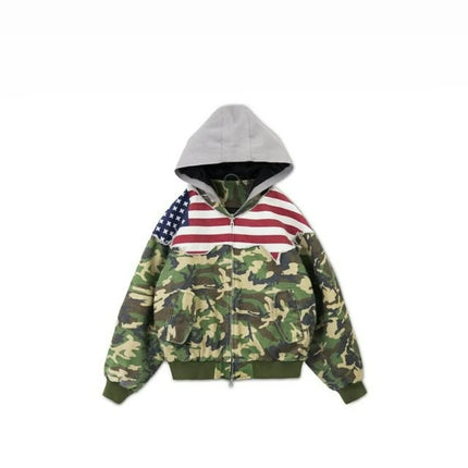 Y2K Retro Distressed Zip Up Coat Men's Streetwear Camouflage USA Flag Patchwork Hooded Jacket Fashion Hip Hop Unisex Sweatshirt