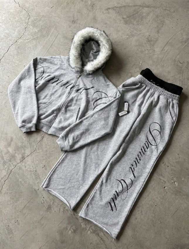 Y2K Retro Gothic Fur Collar Zipper Hoodie Women Trendy Brand Clothing Suit Harajuku Fashion Loose Oversized Sweatpants Men