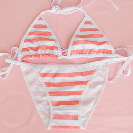Cute Sexy Cosplay Bikini Blue White Striped Lingerie Set Cotton Triangle Bra Tie Side Panty Sweet Lolita Underwear Kawaii