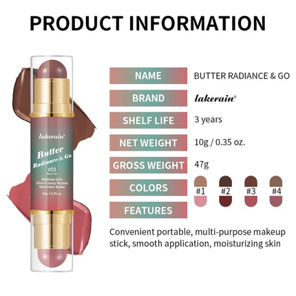 Double-Headed Bronzer Blush Stick Butter Glow & Go Multiuse Stick for Cheeks Contours Eyes Lips Blush Matte Light Glossy Bronze