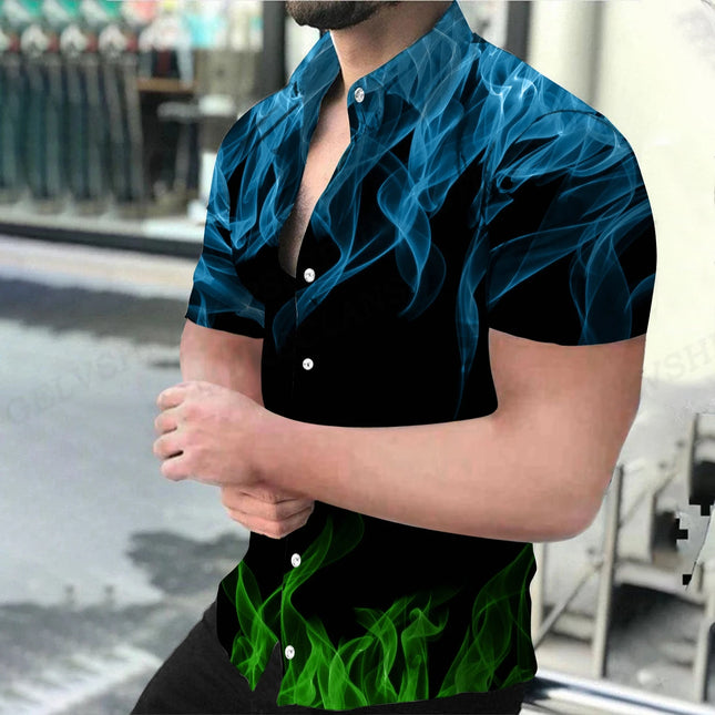 Men's Shirt Blue Flame 3d Printed Shirts Men Women Fashion Hawaiian Shirt Casual Beach Blouses Men's Vocation Lapel Blouse Boy