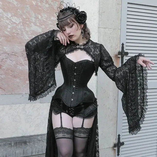 Women's Hollow out Crop Tops Chic Gothic Lace Smock Tops False Collar Ladies Flare Sleeves Cover Ups for Dating Party