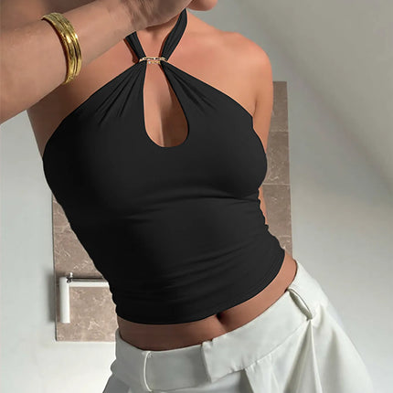 Hugcitar Women's Fashion Halter Solid Loop Backless Bandage Sexy Crop Tank Top 2025 Summer Casual Clothes Streetwear Vacation Club