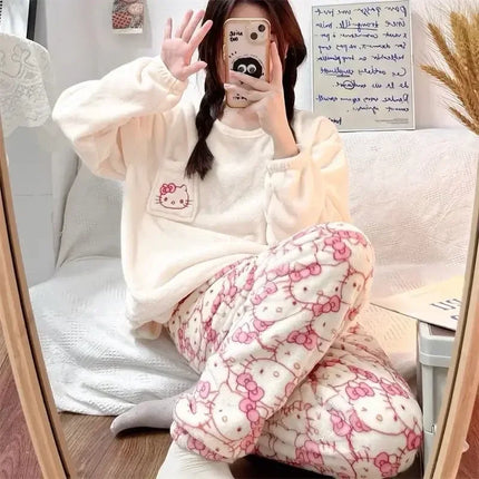 Kawaii Sanrio Hello Kitty Pajamas Cartoon Soft Plush Female Flannel Winter New Plus Velvet Thick Sweet Warm Tracksuit