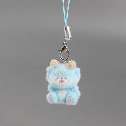 Flocking Animal Dog Cat Pendant Cute Keychain Keyring Bag Earphone Car Keychain Decor Keychains Accessories Phone Chain Lanyard