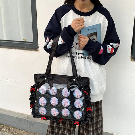 Japan Style Anime Messenger Bag Large Capacity Preppy Style Shoulder Bag with Bow Ribbon Women Handbag