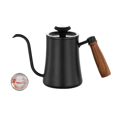 Stainless Steel Goose Neck Coffee Pot Drip Port Wooden Handle Long Narrow Drip Carafe Temperature Meter Anti-scald