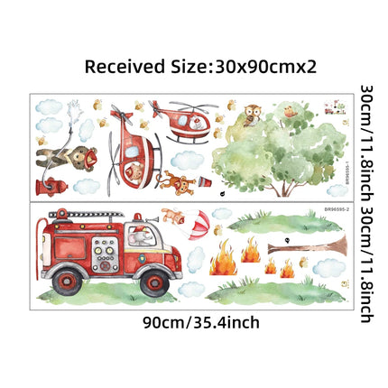 Cartoon A GrouCartoon Animal Fireman Helicopter Fire Truck Wall Stickers for Kids Room Bedroom Nursery Decoration Wall Decals