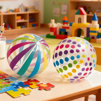 1 lorful Dots & Stripes PVC Inflatable Ball - Transparent Printed Toy for Pool Parties, Family Games, Kids Play, Indoor/Outdoor