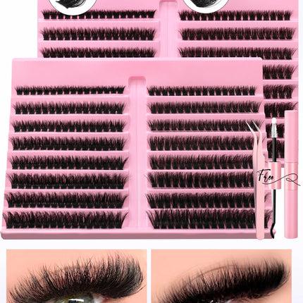 GROINNEYA Eyelash Clusters Kit Lash Clusters Wispy Natural DIY Lashes Clusters with Bottom Waterproof Bond and Seal Tweezers