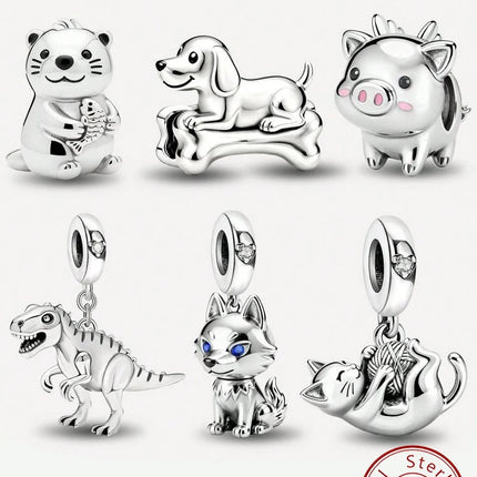 925 Sterling Silver Dinosaur Pig Cat Playing Animal Series Charms Beads Fit Original Pan Bracelet High Quality DIY Jewelry