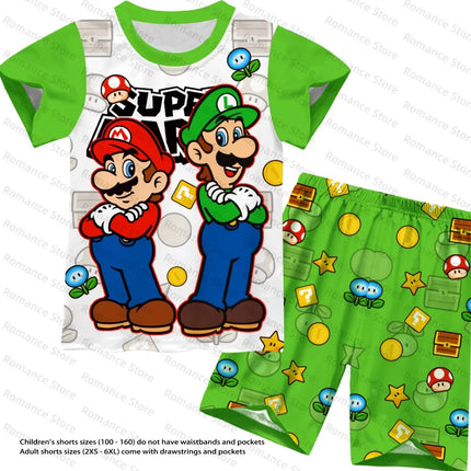 Cartoon Luigi Kids Sleepwear 2Pcs Summer Short Sleeve Tops Pants Children Women Casual Loungewear For Boys Girls Set Adult Set