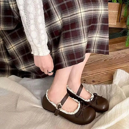 Lolita PU Leather JK Flat Shoes Bow Sweet Slip On Loafers Soft Sole Lace Ruffled Mary Jane Shoes Women