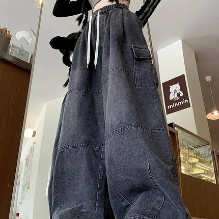 Cargo Jean Loose Wide Leg Workwear Jeans Elastic Waist Men and Women Spring Autumn Faion Brand Waed Out Trousers Straight Cut