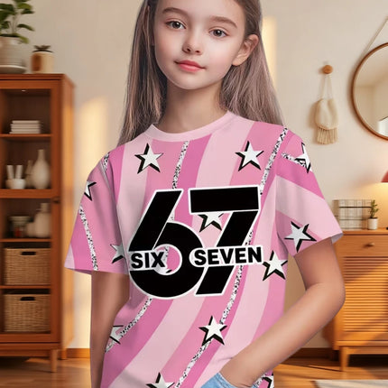 67 Meme T-Shirt for Boys Girls Fashion Splashed Ink 3D Print Girl Short Sleeve Tees Round Neck Tops Loose Children's Clothing