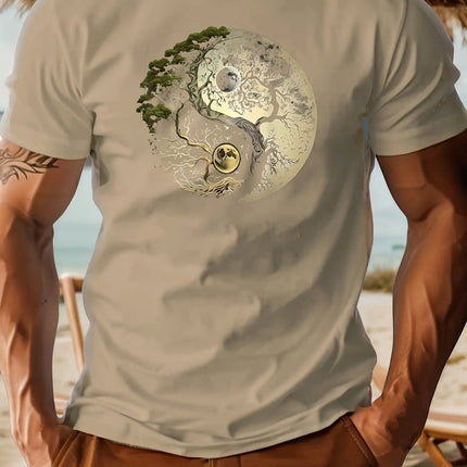 Men's summer 100% pure cotton fashionable casual loose sports yin-yang tree pattern print round neck short-sleeved T-shirt top