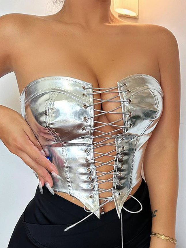 Sexy y2k clothes leather corset crop top women summer body night club party halter tank top festival outfits cropped tube tops