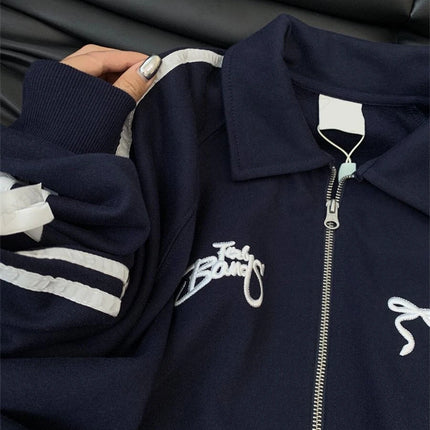 Harajuku Bow Long Sleeves Casual Sweatshirt 2000s Women Zip Up Hoodie Side double strip stand collar Jacket Punk Oversized Coats