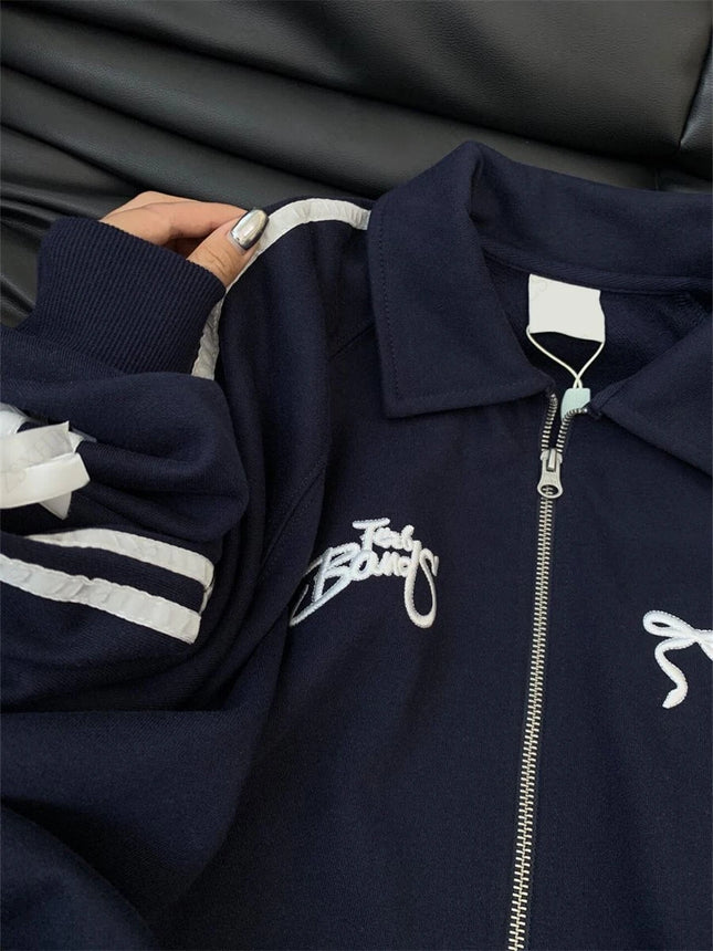 Harajuku Bow Long Sleeves Casual Sweatshirt 2000s Women Zip Up Hoodie Side double strip stand collar Jacket Punk Oversized Coats