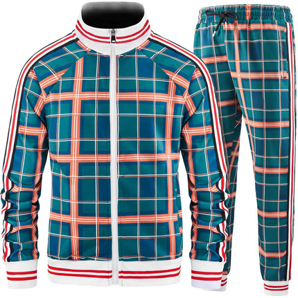 New Spring Autumn Plaid Printed Mens Zipper Jacket Sports Wear Sweatshirt Casual Outdoor Sports Checks Tracksuit Coat+Pant Set
