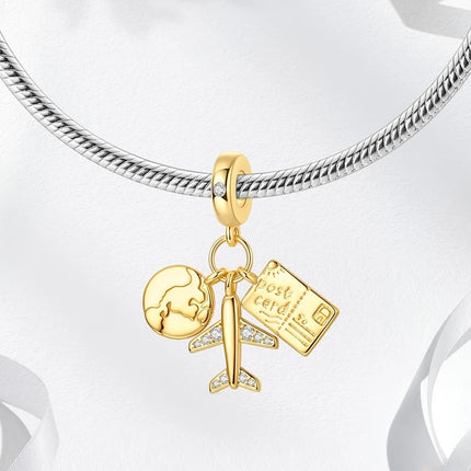 925 Sterling Silver Gold Travel-Themed Globe Airplane Postcard Pendant Charm Fit Original Charm Bracelets Women DIY Jewelry Gift