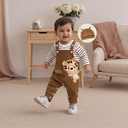 Pudcoco Baby Boy's Clothing Sets Fashionable Long Sleeve Striped Romper with Tiger Embroidered Overalls and Hat 3Pcs Outfits