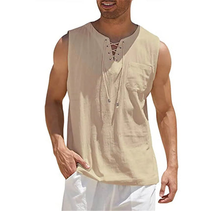 Men's Casual Shirts Sleeveless Vest Bandage Lace Up Blouse Retro V Neck Fashion Loose Shirt Male Solid Color Clothes