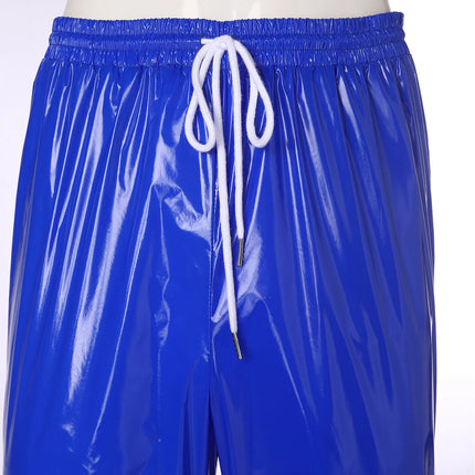Mens Shiny Waterproof Jogging Pants Y2K Drawstring Waistband Side Pockets Trousers Track Baggy Glossy Pants Hip Hop Trousers