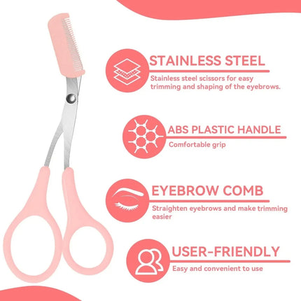 Stainless Steel Eyebrow Trimming Scissors with built-in Comb Precise Grooming Tool Creating Perfect Eyebrows Pink/White/Black