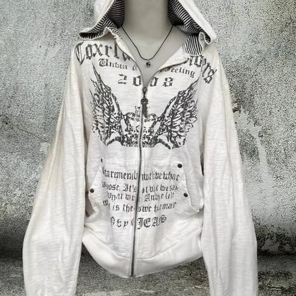 American Y2K New Hip Hop Trend Zipper Hoodie Women Street Casual Loose Joker Vintage Sweatshirt Unisex Fleece Padded Warm Hoodie