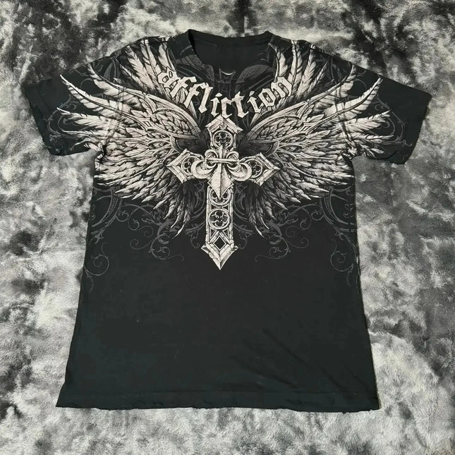 Y2K Affliction T Shirt Vintage Clothing Punk Hip Hop Graphic Print Oversized T shirt Women Round Neck Cotton Short Sleeve Tops