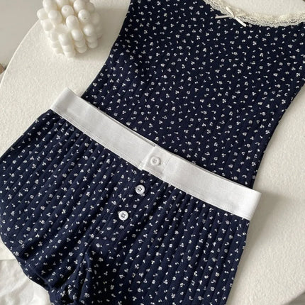 Sweet Floral Print Eyelet Bow Cropped Vests Women Cotton Casual Slim Lace Trim Tank Tops Vintage Preppy Style Cute Camisole Y2K