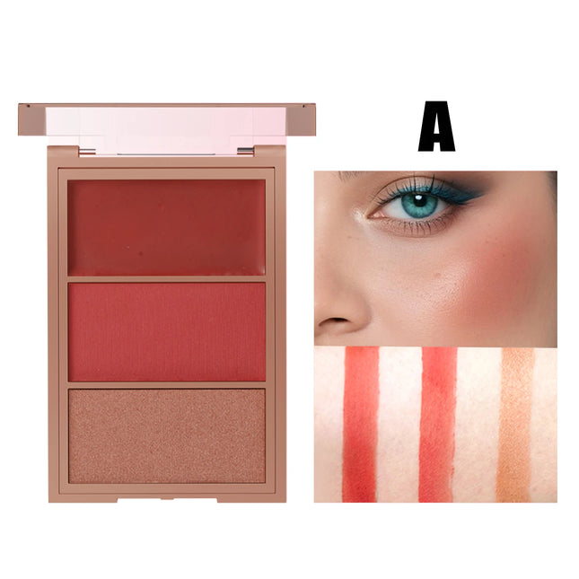 3-in-1 blusher red plate, durable, natural, easy to apply, waterproof, smooth and matte texture to create a perfect makeup