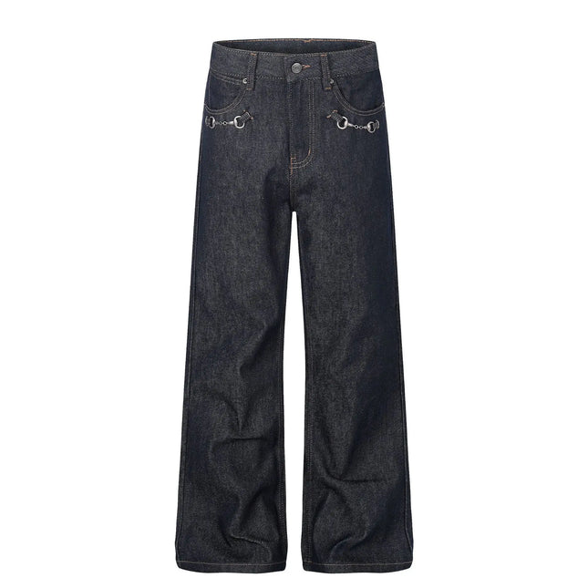 High Street Primary Colors Denim Metal Buckle Jeans Men Women Streetwear Loose Casual Retro Jeans Pants Trousers