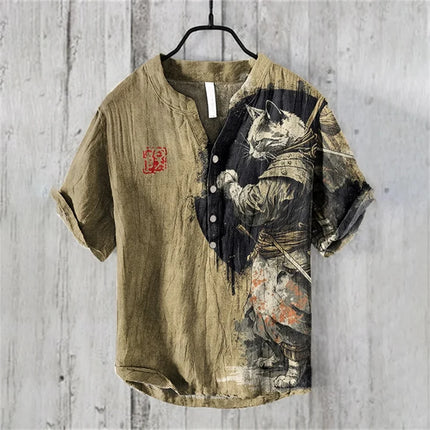 Men's Short Sleeve POLO Shirt Blended Printed Japanese Retro Cat Samurai Casual Large Size Men's Top 5XL