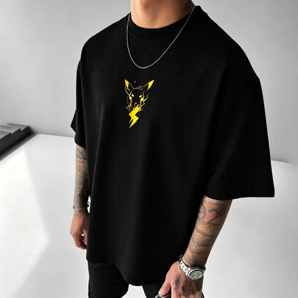 2026 Summer Pokemon Cotton T Shirt Pikachu Front Print Yellow Lightning Effects Black Tops Loose Fit Men Casual Streetwear