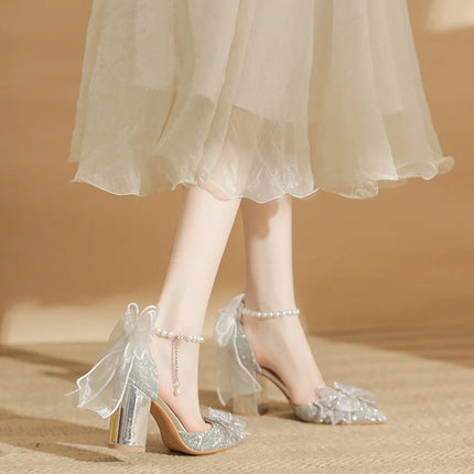 Spring Pointed Toe Party Wedding Shoes for Women, Bride Bow Thick Heel Silver Sequin Fairy Lolita Style Single Shoes