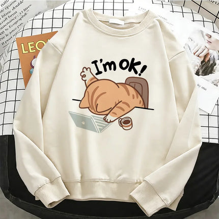 Funny Womens Solid Hoodies Computer Cat Basic Warm Fleece Sweatshirt Soft Breathable O-Neck Pullover Casual Female Clothes