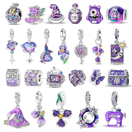 Purple Series 925 Sterling Silver Lily of the Valley Rose Mermaid Witch Hat Charm Fit DIY Bracelet Necklace Charming Gifts