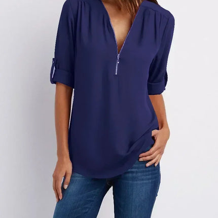 Summer Women Cool Loose Shirt Deep V Neck Chiffon Blouse Casual Ladies Tops Sexy Zipper Pullover Plus Size Long Sleeve Fashion
