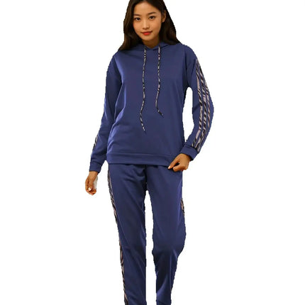 2-Piece Drawstring Hooded Trousers Suit Leopard Print Casual Long Sleeve Tracksuit Solid Casual Pullover Sweatshirt and Pants Set