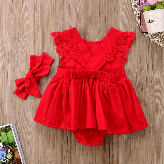 0-24months Baby Girls Clothes Set Floral Dress Lace Bodysuit Sleeveless Romper + Bow Headband infant girls Summer Outfits