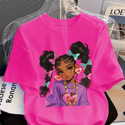 Girls' Summer Crew-Neck Short-Sleeved Top New Black Girls Cute Top Girls Clothes Cartoon Print T-Shirt Top Children's Clothing