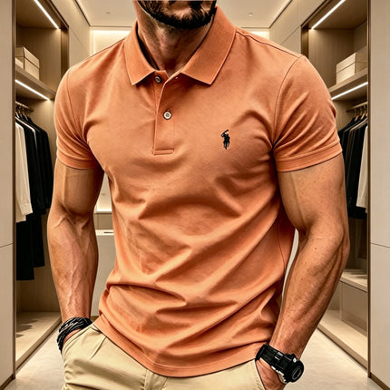 Men Breathable Fabric Solid Color Lapel Polo Shirt Short Sleeve Business Casual Tops With Mini Rider Figure Embroidery On Chest