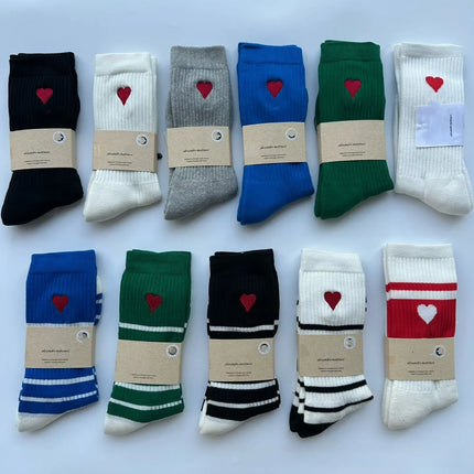 Casual Cotton Crew Socks with Embroidered Hearts Unisex Ankle High Sweat Absorbing Black White Grey Trendy Socks for Sports