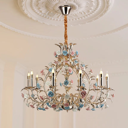 European Floral Design Chandelier Modern Rose Decorative Chandelier Lighting Nordic Living Room Ceramic Flower Chandelier